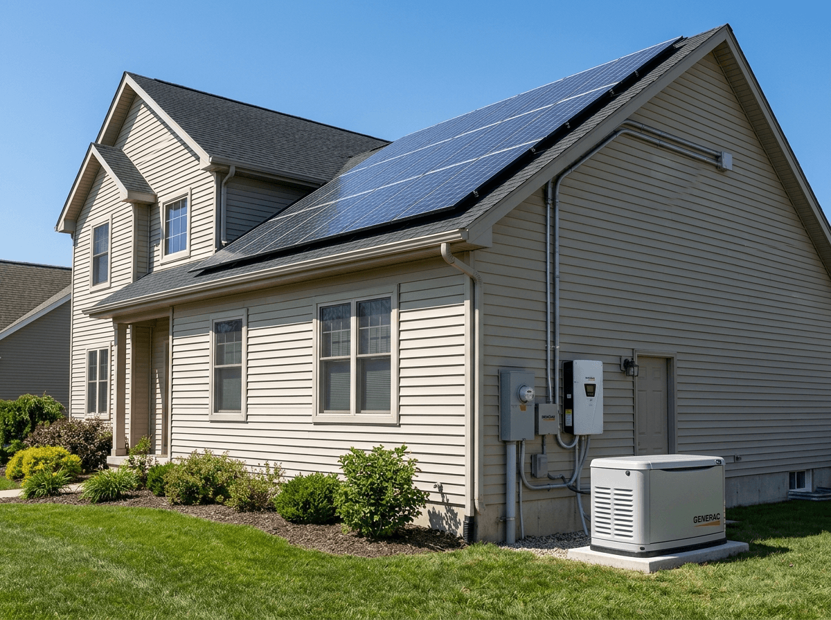 A two-story beige house with solar panels on the roof, utility panels on the side, and a backup generator in the yard.