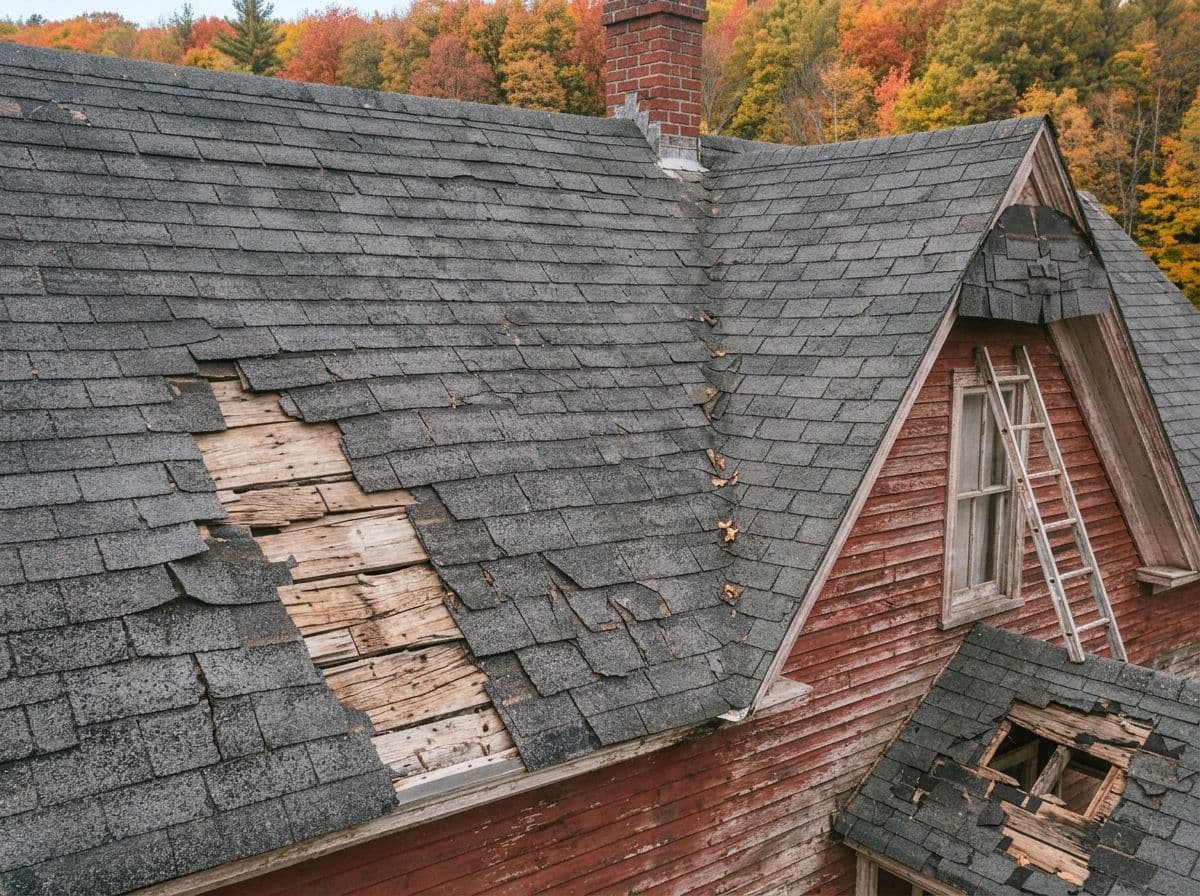 Roof with missing shingles and exposed wood decking, brick chimney, and dormer window on red house with fall foliage in background