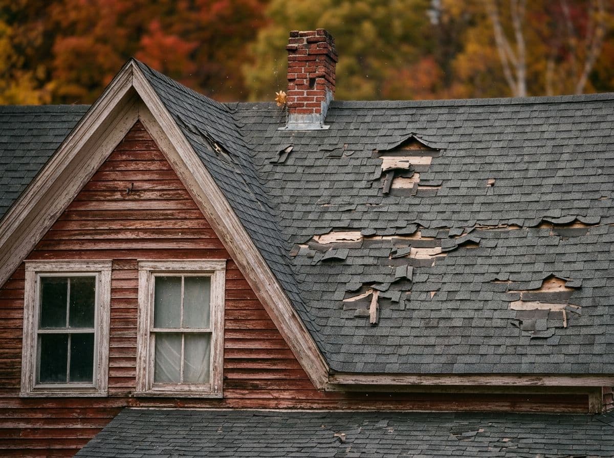 Deteriorating house roof with missing shingles, damaged wood siding, brick chimney, and gable dormer windows, showing signs of age and weather damage