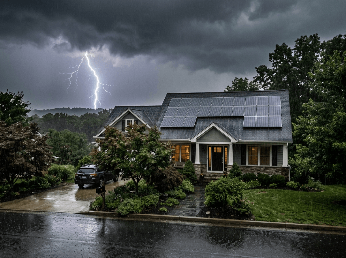 A suburban house with solar panels on the roof, and a lightning strike in a stormy sky.