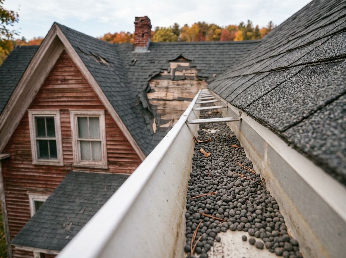 Gutter filled with granules along a residential house with red brick chimney and autumn foliage in background
