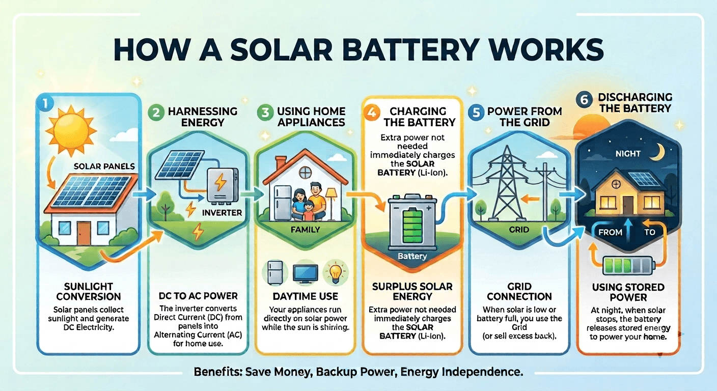 Infographic detailing the process of how a solar battery works, divided into six steps: from sunlight conversion to battery discharging at night.