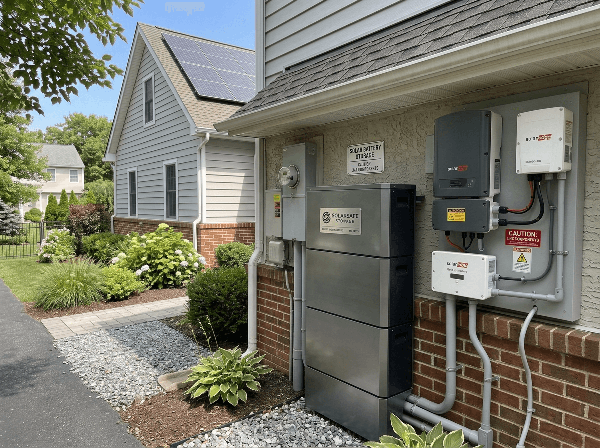 Side view of a house with solar panels on the roof and a silver solar battery storage unit against the wall.