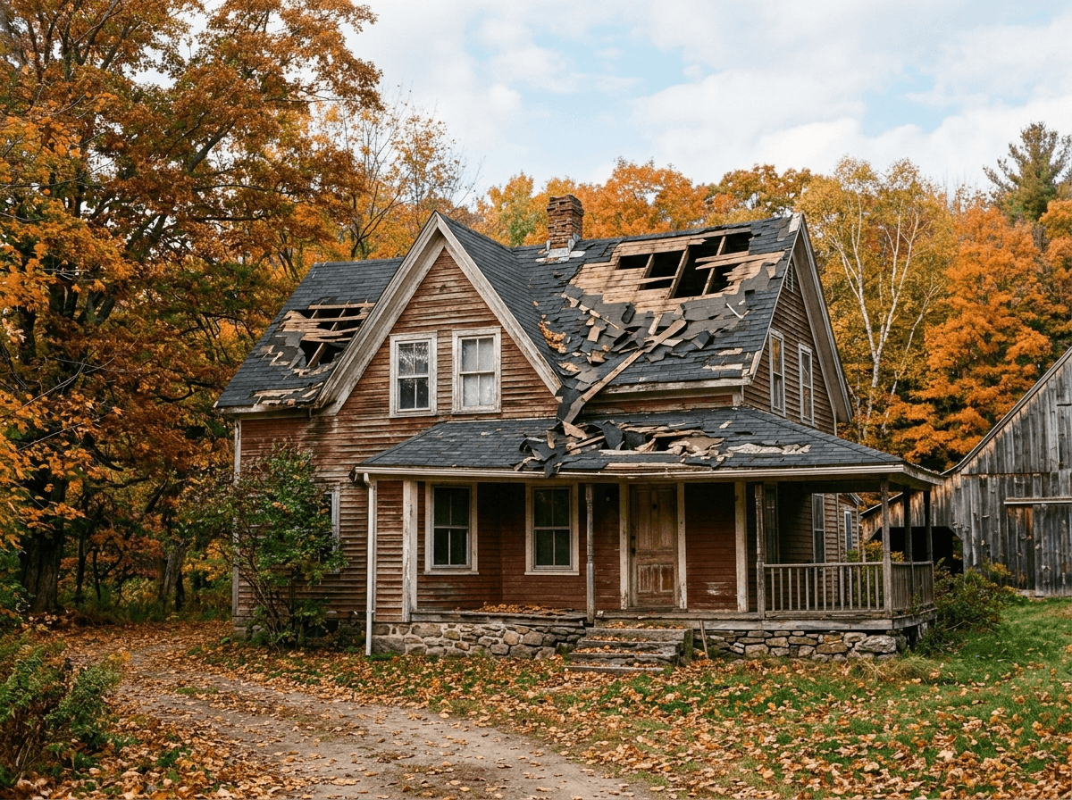 Abandoned farmhouse with damaged roof and missing shingles, surrounded by autumn foliage and fallen leaves