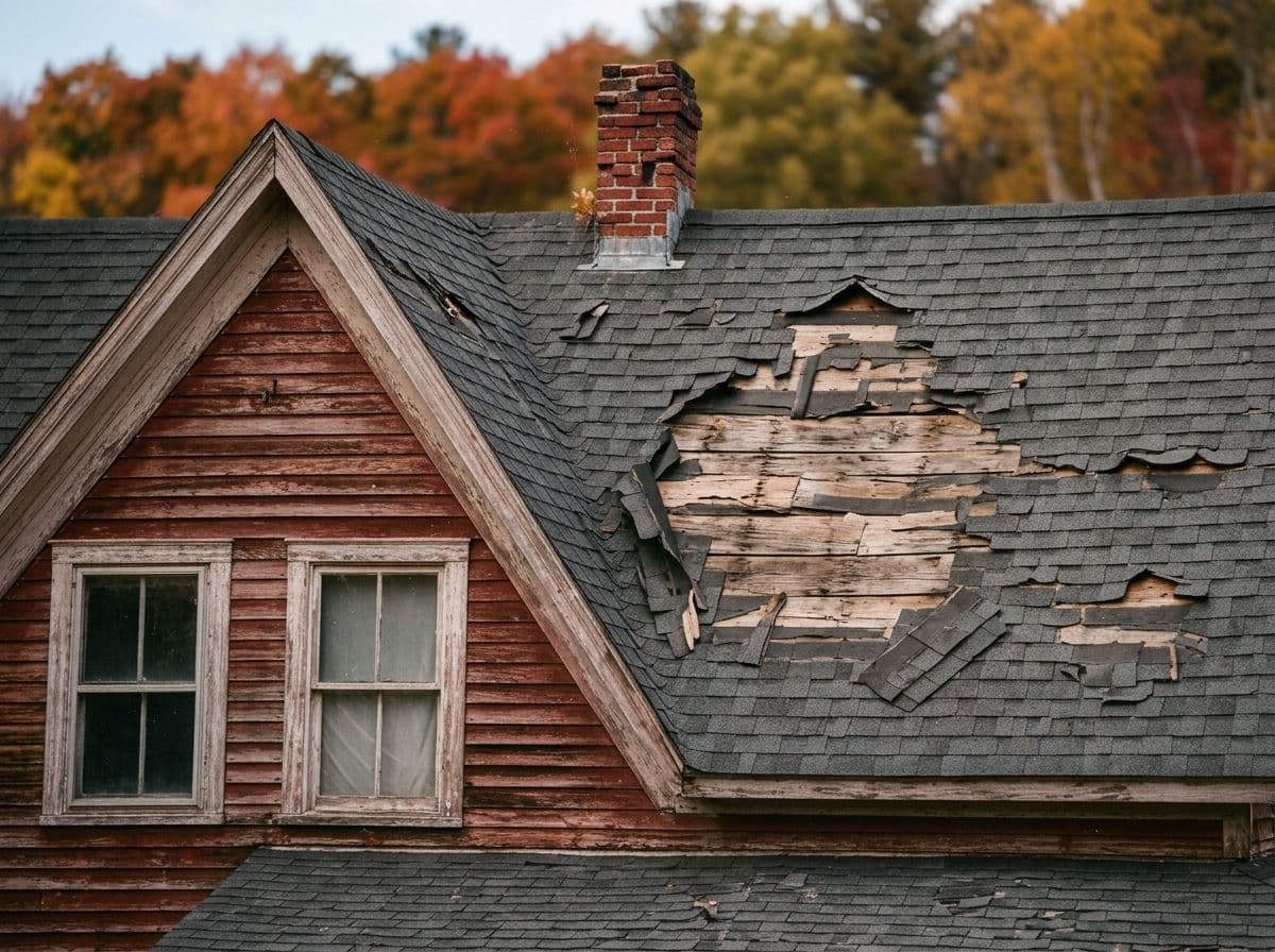 Deteriorating wooden house roof with missing shingles exposing decayed wood, brick chimney, and two dormers against autumn foliage background