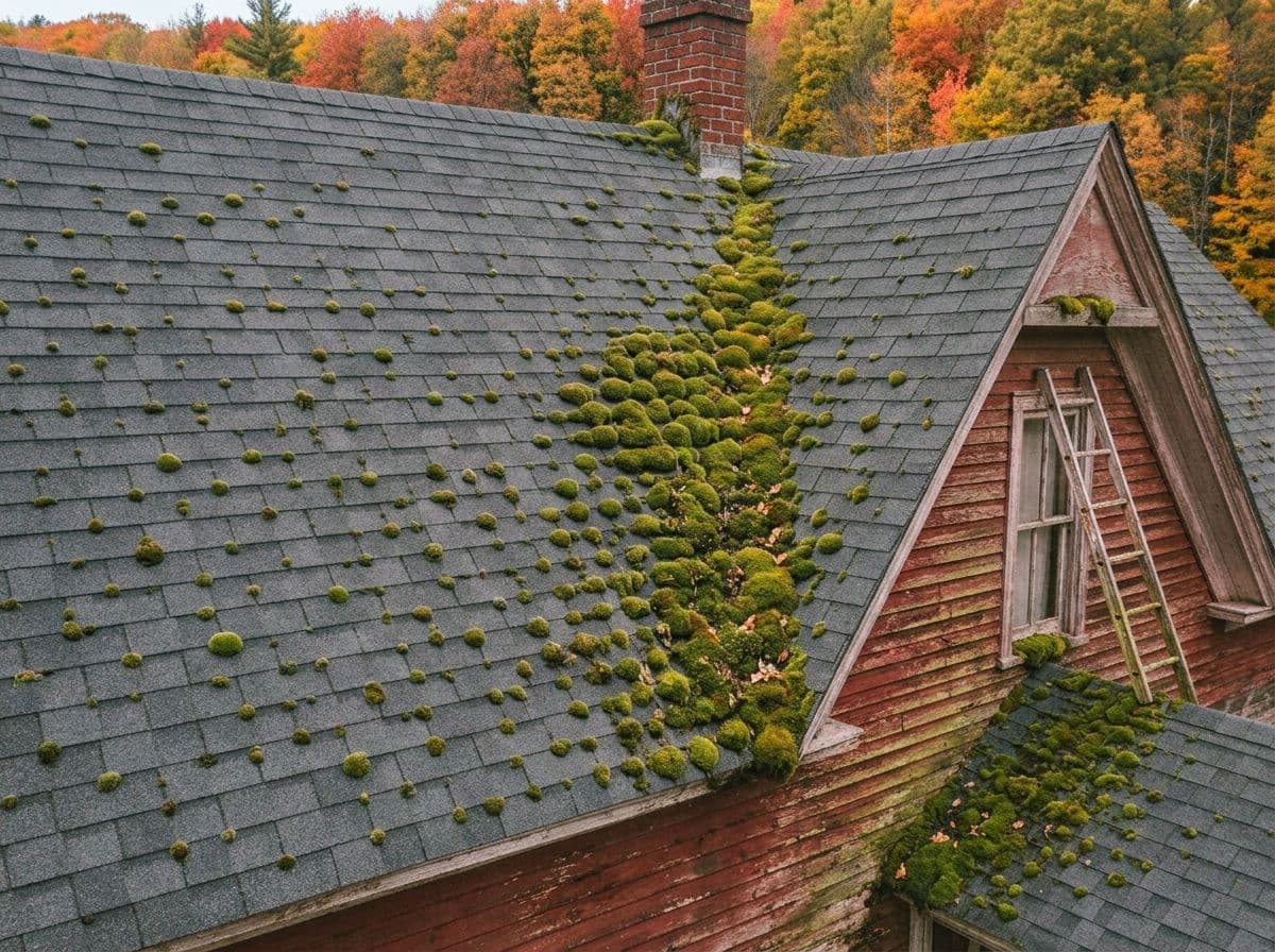 Old brick house with moss-covered slate roofs and brick chimney, surrounded by autumn foliage in background